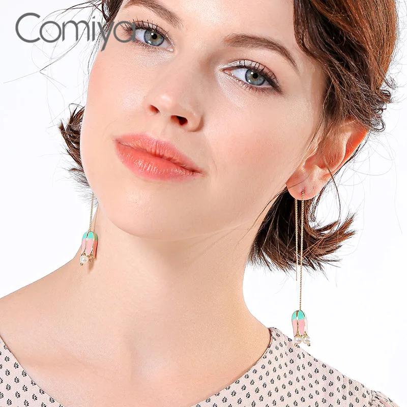 Comiya Long Earrings For Women Enamel Links Acrylic Pearl Gold Color Fashion Flower Pendant Dangle Earring Aretes De Mujer | Украшения и
