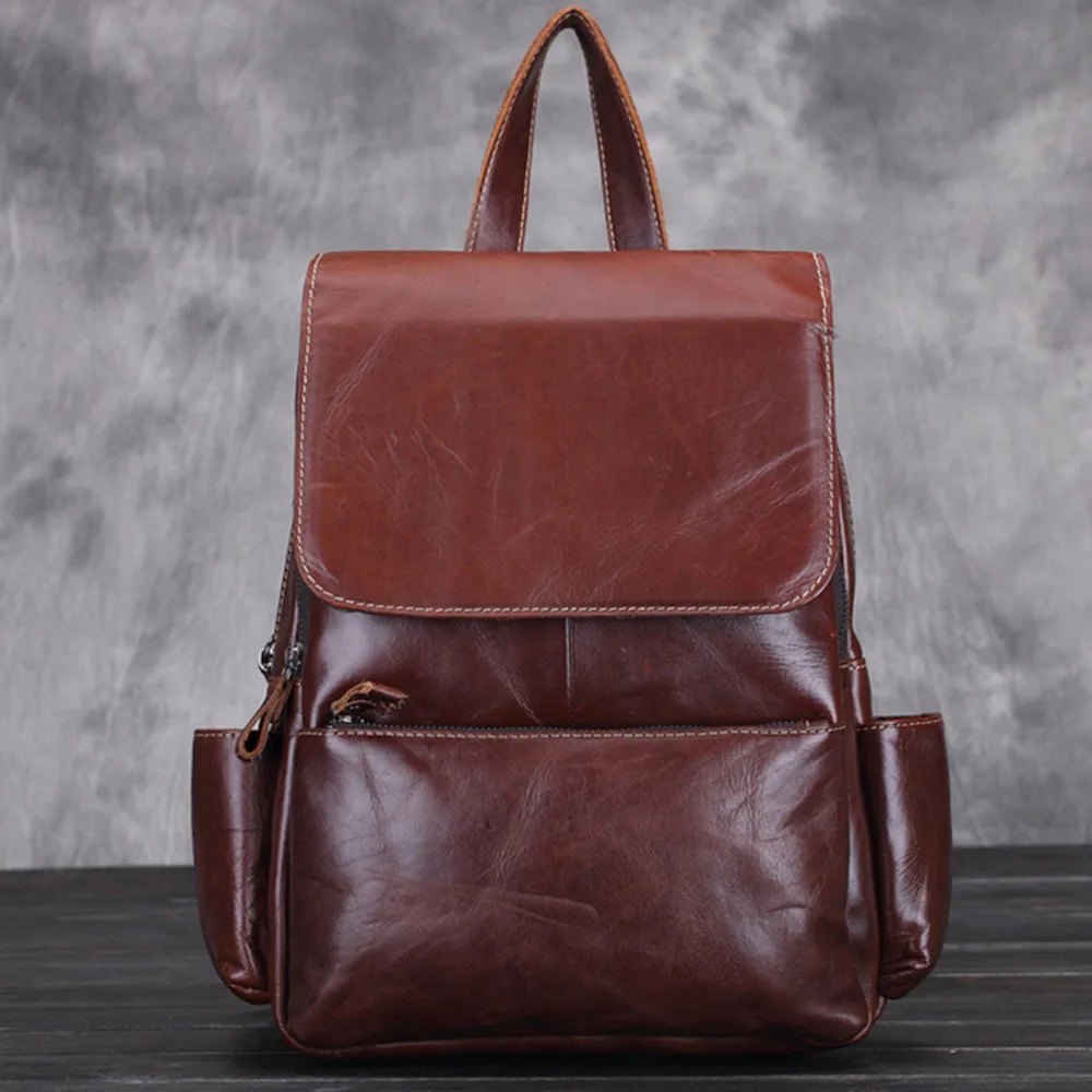 

Genuine Leather Rucksack Book Daypack Bag Travel Casual Designer Female Knapsack Luxury Oil Wax Cowhide Women Vintage Backpack