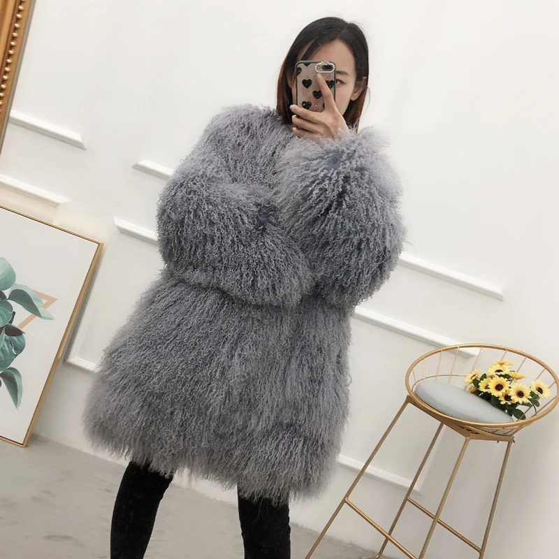 Women real mongolian sheep fur coat natural medium