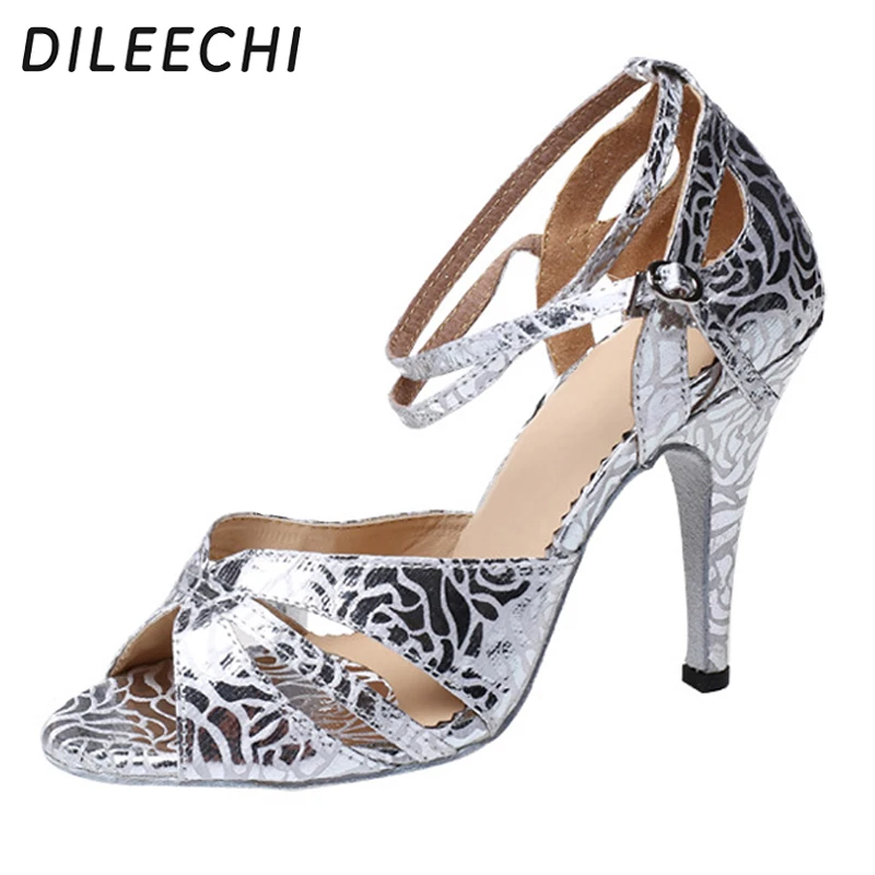 DILEECHI Silver PU Latin dance shoes Women's soft outsole High heeled