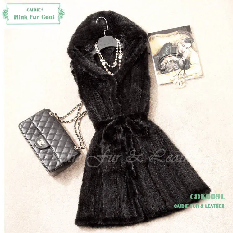 HSPL самая модная длинная стильная вязаная норковая меховая жилетка для леди зима - Цвет: Black