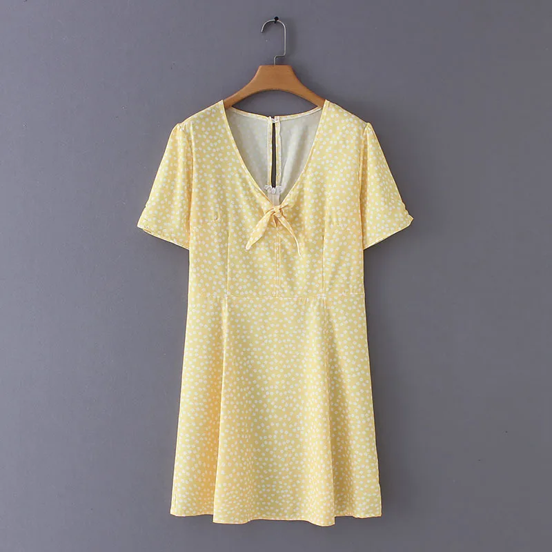 

2019 Sweet Floral Print Bow Lace-up Mini Beach Lady dress Summer Short Sleeve V neck Casual Women dress Female vestidos#C730