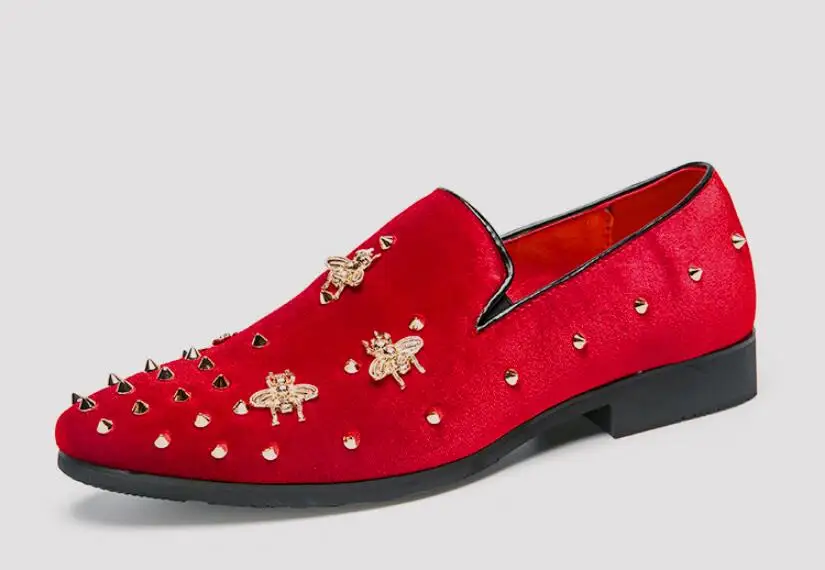 

2019 Fashion Men Party And Wedding Handmade Loafers Men Velvet Shoes With Gold bees Buckle Men Dress Shoe Men's Flats 38-46