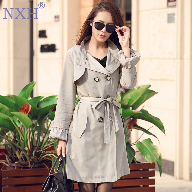 

NXH 2019 office lady trench women overcoat fashion bright streetwear OL dresses double breasted coat female grace plus size
