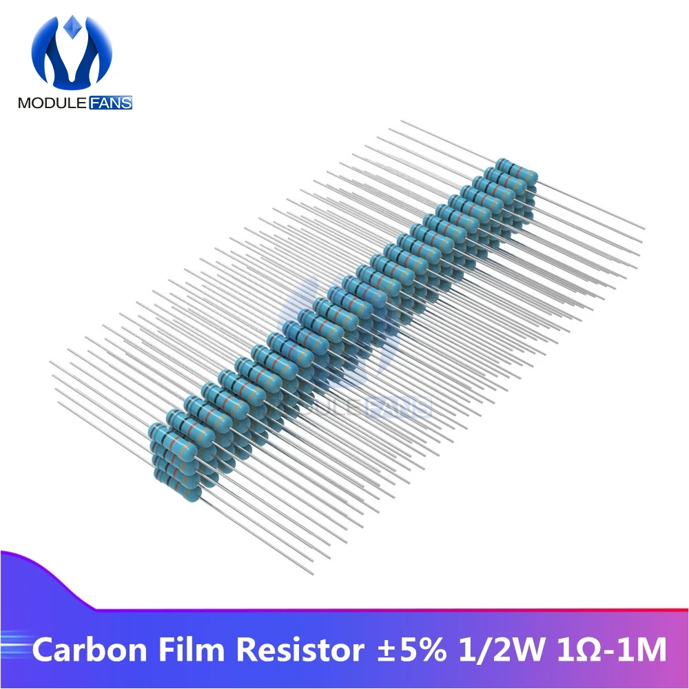 

100PCS Diy Electronic Carbon Film Resistor 5% 1/2W 0.5W 1R-1M Ohm Resistance 1% +1% -1%