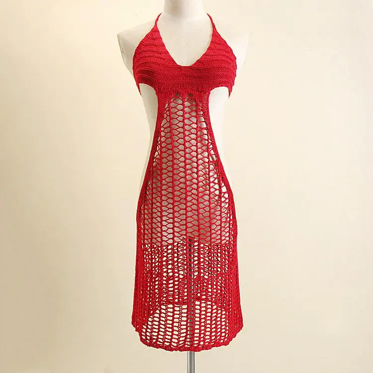 Европейский Американский стиль пляжные Свободные Твердые выдалбливают обычные натуральные v-образным вырезом летние женские платья Td250 - Цвет: Красный