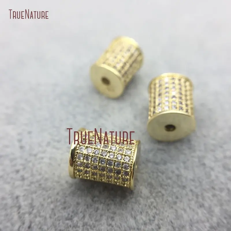 

10Pcs Copper Jewelry Findings Beads Clear Cz Micro Pave Pure Gold Color Cylindrical Jewelry Findings Beads Outlet 10x8mm BE5568
