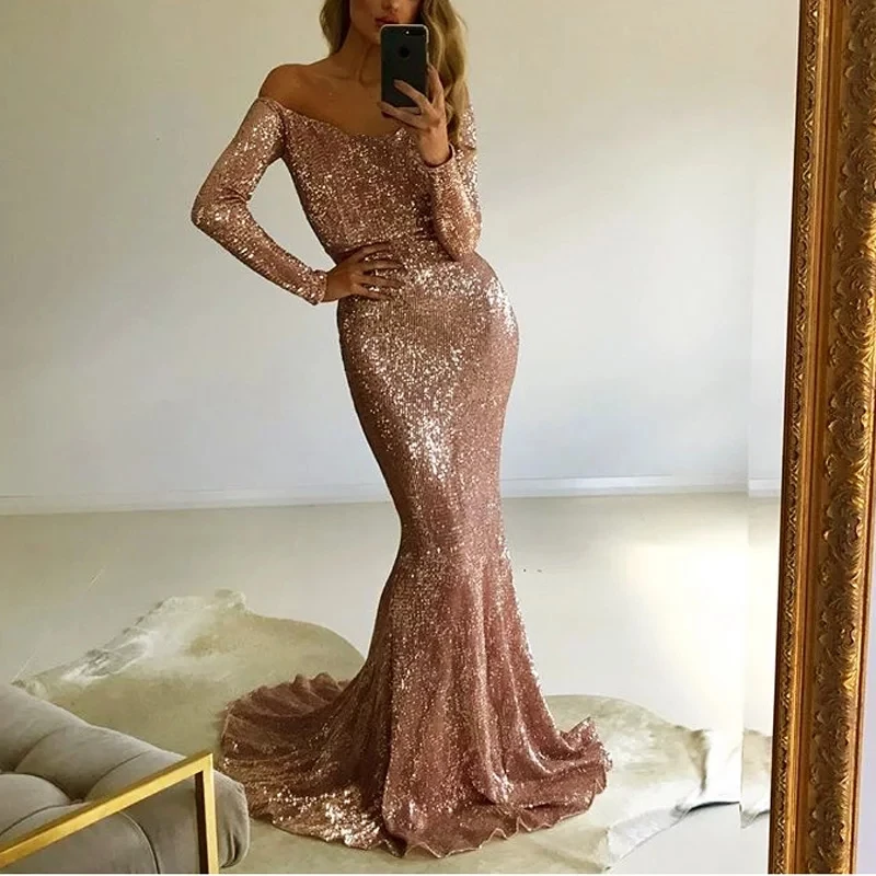 Rose Gold Formal Dress abiye abendkleider robe de soiree Evening Dress Sequins Long Formal Dresses Mermaid Full Sleeves abiye