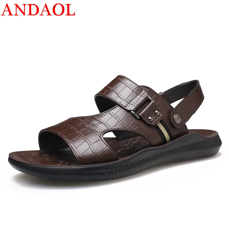 

ANDAOL men's casual sandals Top Quality Soft Genuine Leather Light Beach Slippers Luxury Non-Slip Business Office Flats shoes