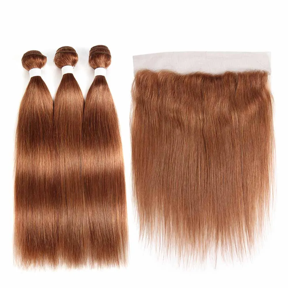 Бразильские прямые человеческие волосы пряди с фронтальной 4*13 KEMY волосы предварительно окрашенные коричневые волосы ткет пряди с закрытием не Реми - Цвет: #30