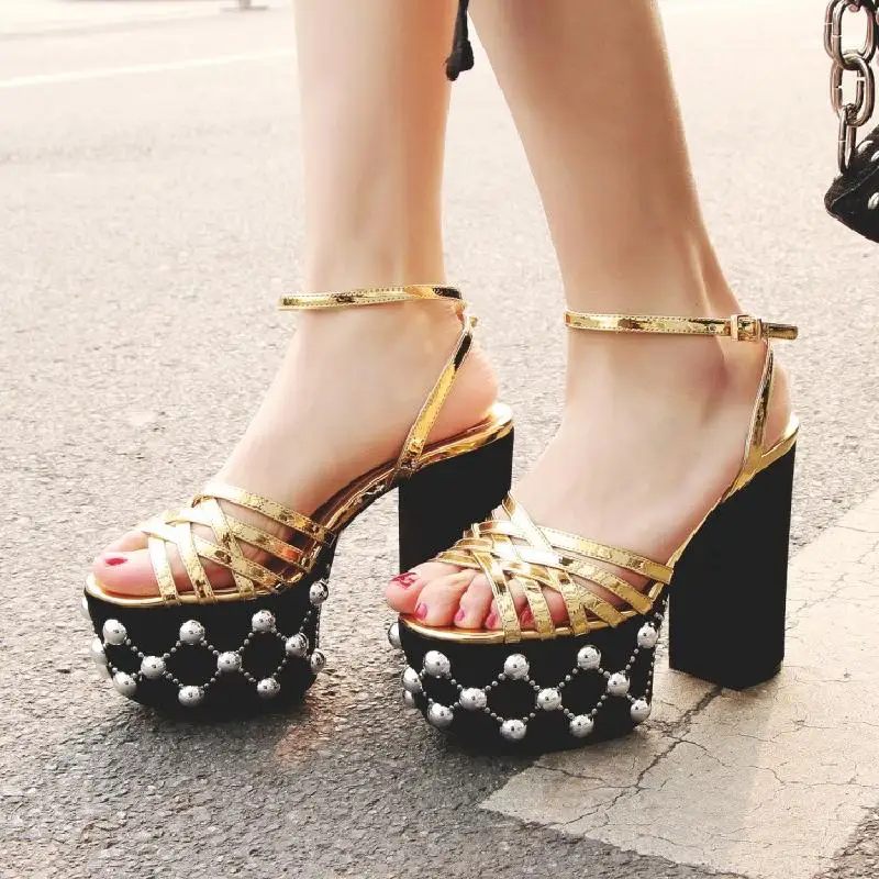 

Womens Glitter Rivet Studs Beads Platform Block Chunky Super High Heel Pumps Strappy Ankle Buckle Shoes Gold Sliver A560