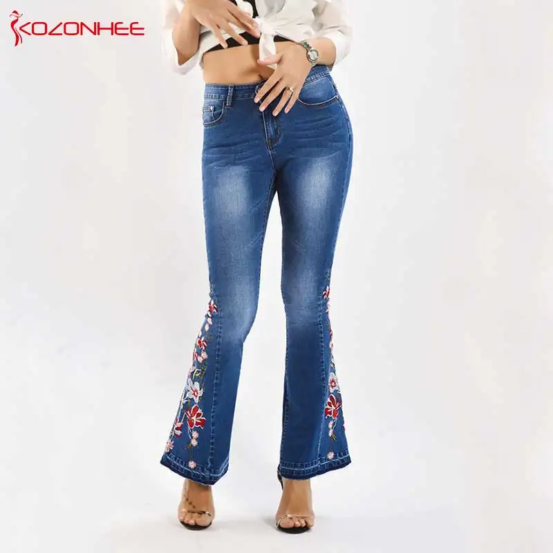 

Embroidery Stretch Dark Blue Flare Jeans Women Elasticity Bell-Bottoms Released Hem Jeans Stretching women Jeans Large Size #08