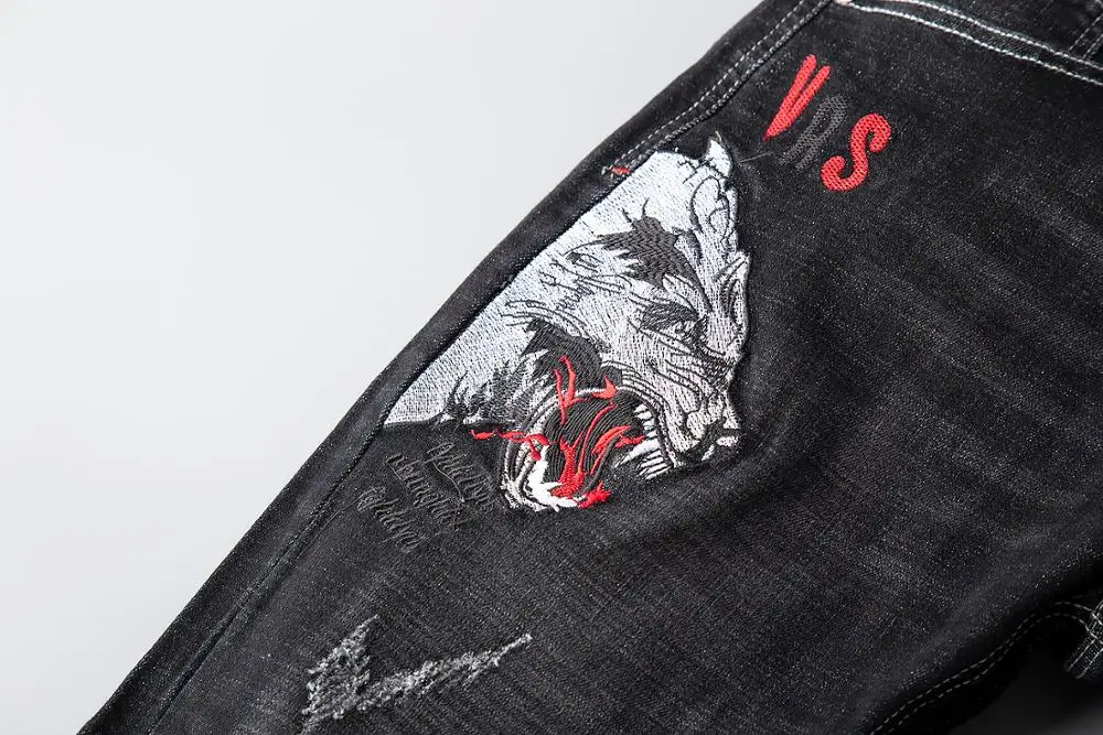 Готические брендовые джинсы мужские прямые облегающие черные с 3d вышивкой размера плюс 29-38 мужские джинсовые брюки хлопковые мужские джинсы, брюки