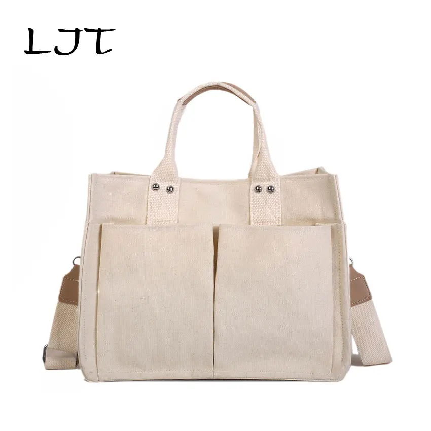 LJT Canvas Bag Female Korea ins Versatile Multi pocket Handbag Women
