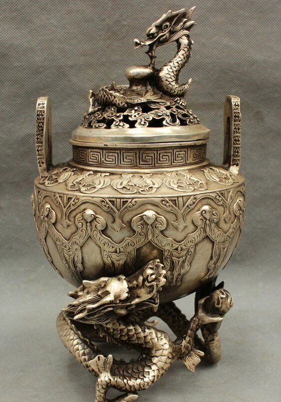

song voge gem S3044 10" Chinese Silver Buddhism Auspicious Dragon Head Statue Incense Burner Censer