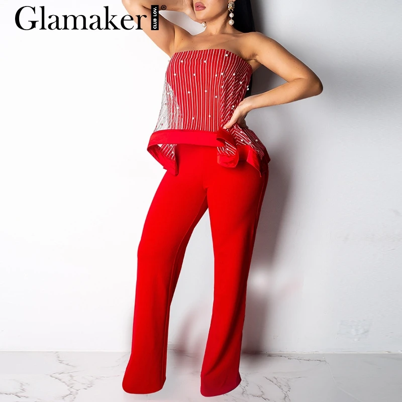 

Glamaker Pearl mesh striped sexy jumpsuit Women strapless black jumpsuit & romper Summer bodycon female jumpsuit party overalls