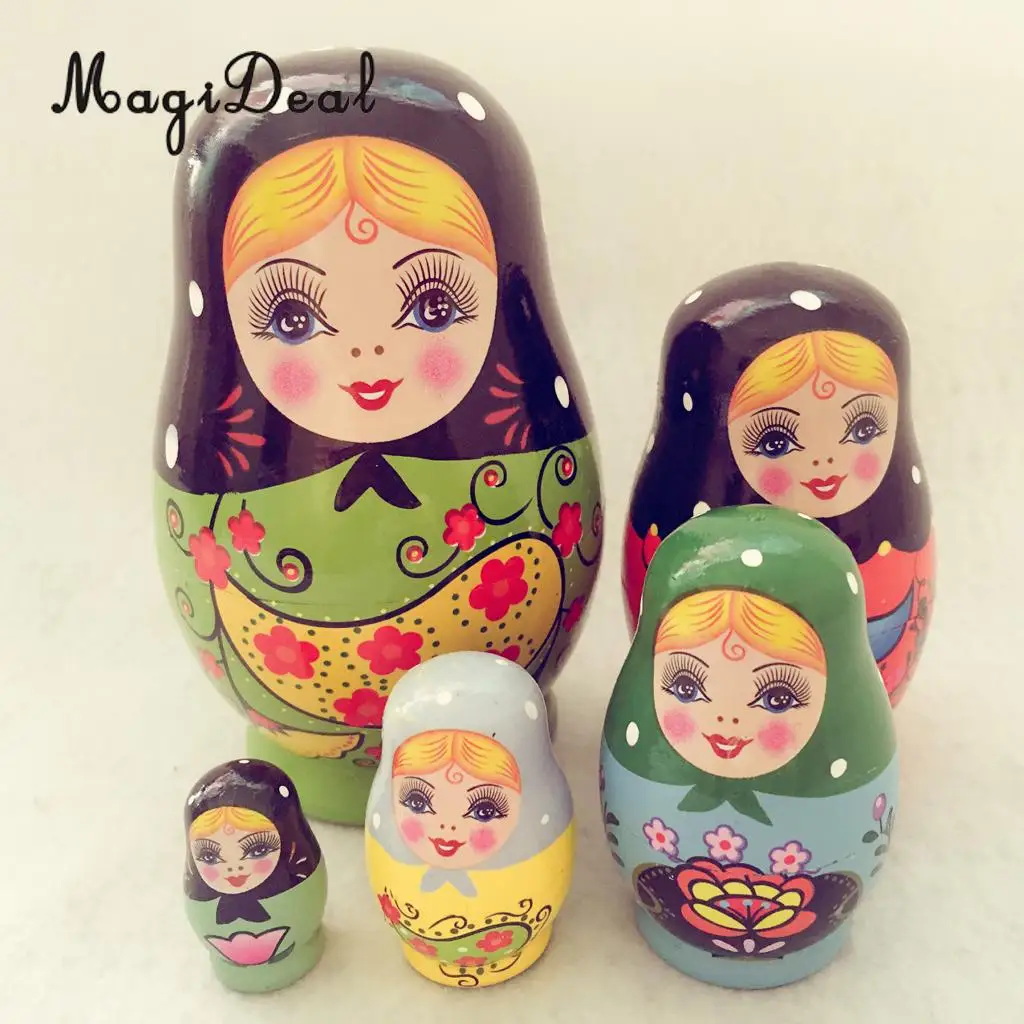 MagiDeal Cute 5Pcs/Set Painted Girls Wooden Russian Nesting Dolls Babushka Matryoshka Toys for Kids Children Baby ToyGift