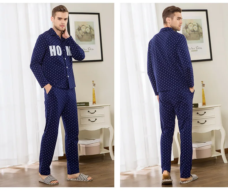 Осенняя брендовая домашняя одежда для пар, повседневные мужские Пижамные наборы в горошек хлопковый пижамный комплект, мужские рубашки с отложным воротником+ штаны