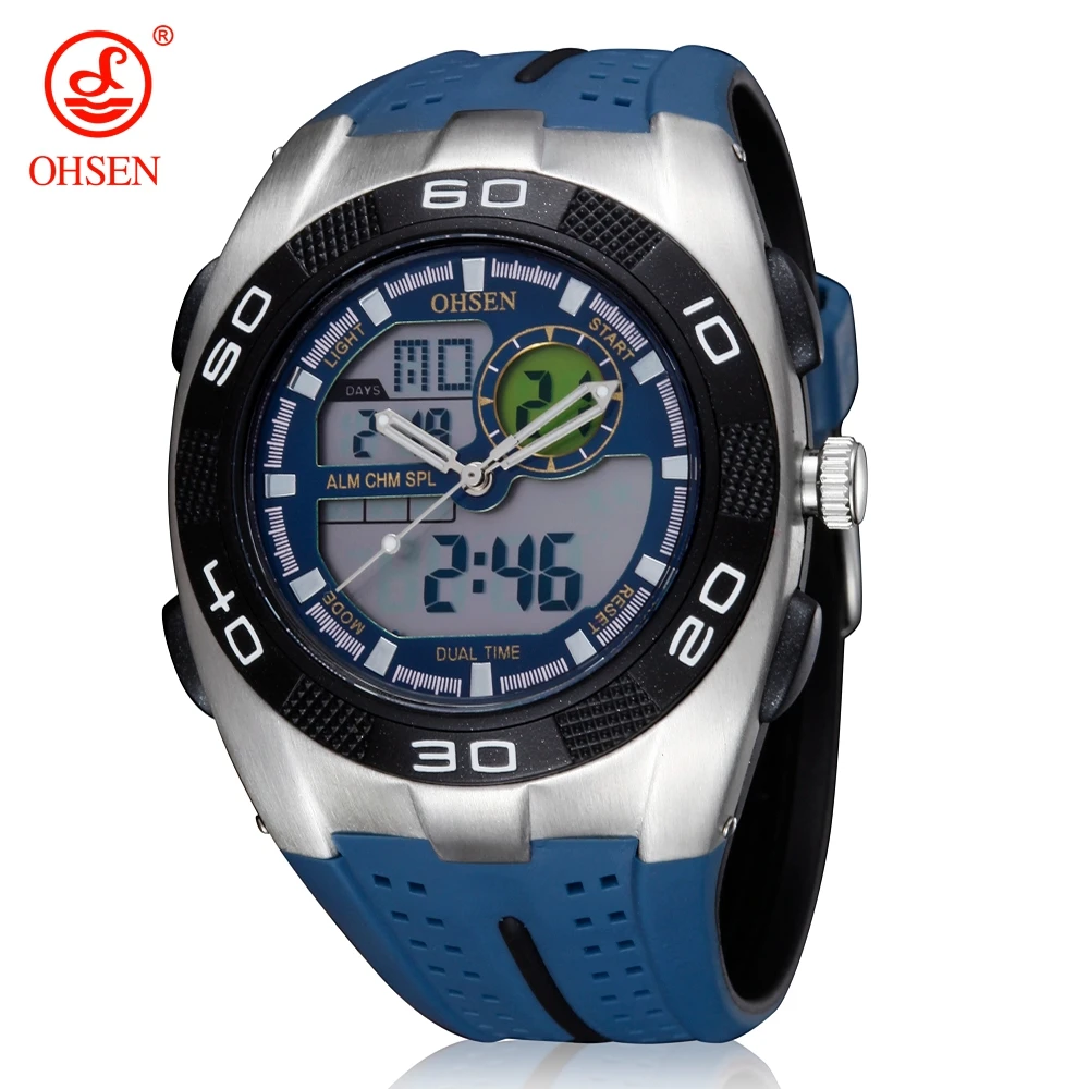 

OHSEN Brand Digital Quartz Men Waterproof Wristwatch relogio masculino Outdoor Sport Dual time display Blue LED Alarm Watches