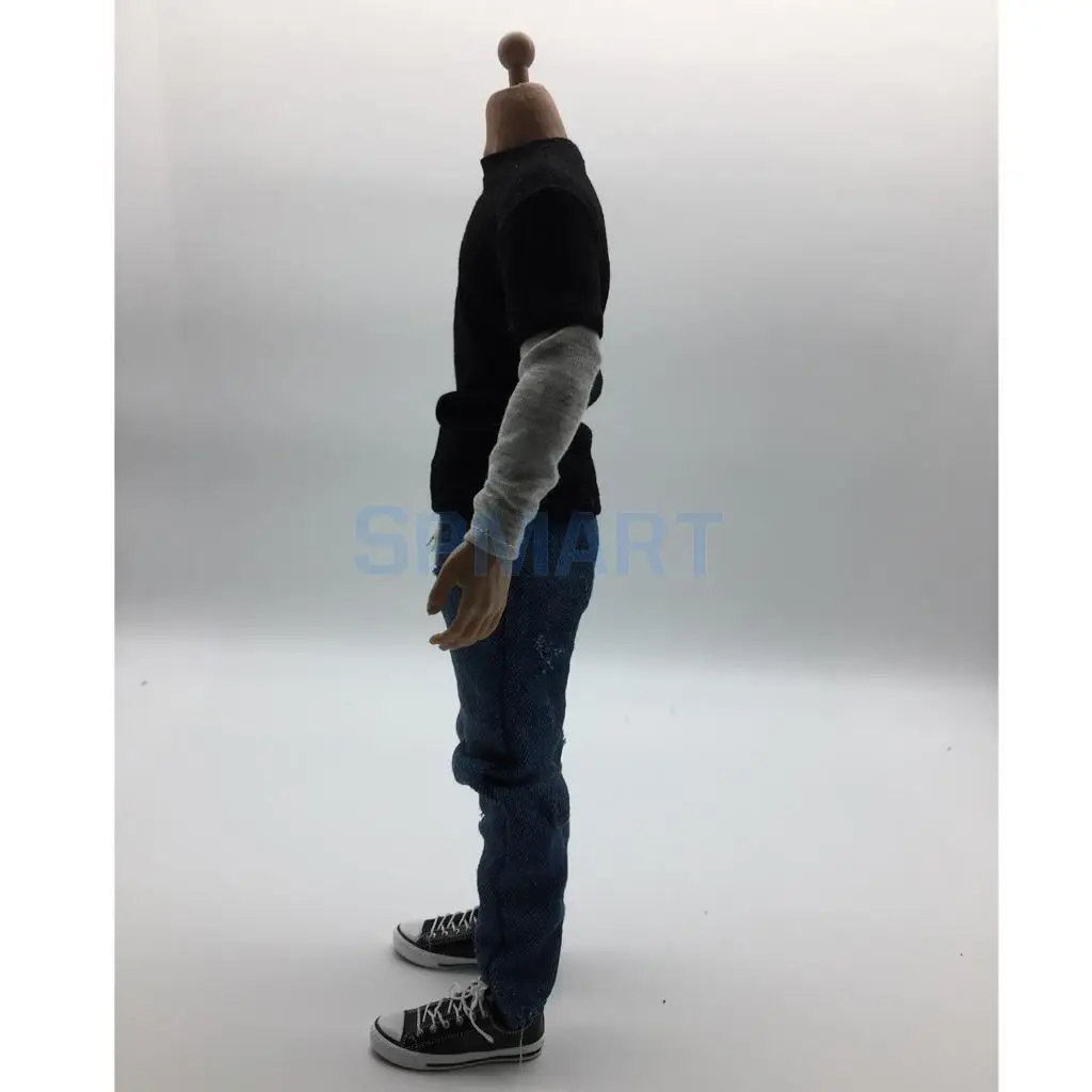 1/6 Scale Mens Outfits Clothes Black Long T-shirt Denim Jeans and Canvas Shoes Set for 12inch   Action Figure Accessories