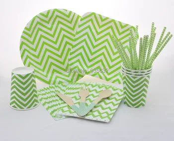 

346pcs Green Chevron Party Tableware Sets paper straws cups 7products in total for Birthday Party Baby Bridal Shower BBQ Buffet