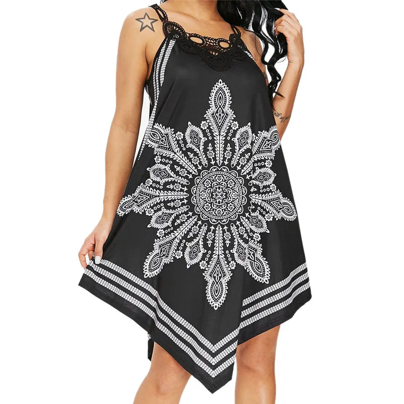 HOT Sell dress summer 2018 Women Ladies Lace Splice Printing Sleeveless Mini Dress Summer Beach Dress vestidos robe J18#N (3)