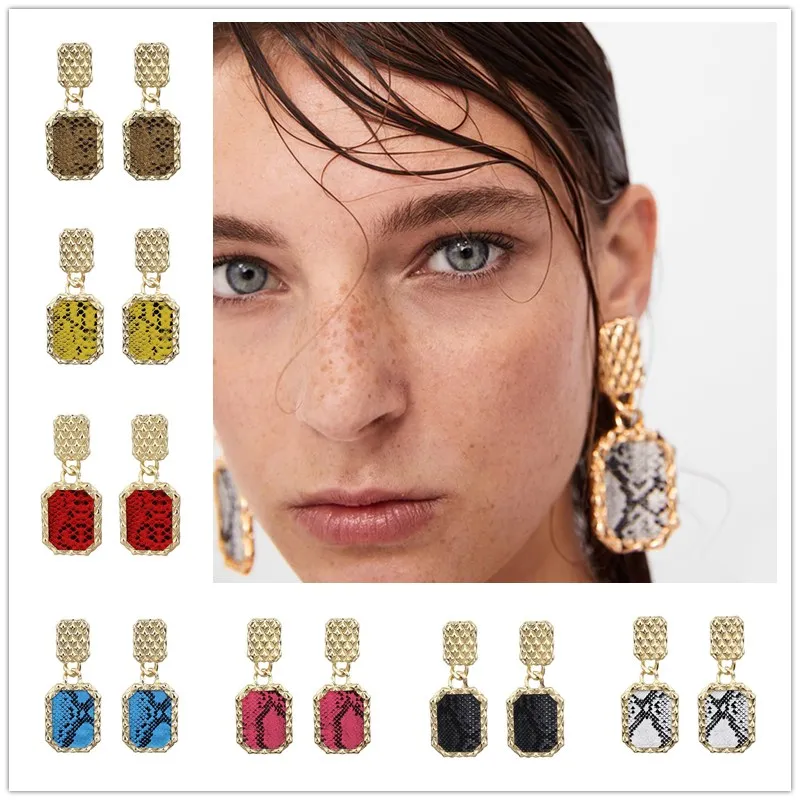 

2019 ZA Snake Pattern Vintage Drop Dangle Earrings for Women Boho Long Gold Geometric Square Earrings Party Fashion Jewlery Gift