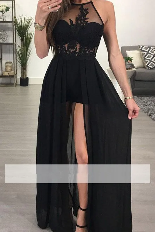 Black 2019 Prom Jurken A-lijn Hoge Colla Chiffon Kant See Through Party Maxys Lange Prom Gown Avondjurken Robe De soiree Black 2019 Prom Jurken A-lijn Hoge Colla Chiffon Kant See Through Party Maxys Lange Prom Gown Avondjurken Robe De soiree