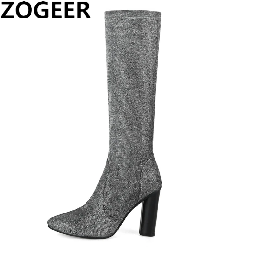 

New Winter Women Knee High Boots Fashion Sexy Sequined Cloth Pointed Toe High Heel Boots Luxury Gold Silver Ladies Shoes