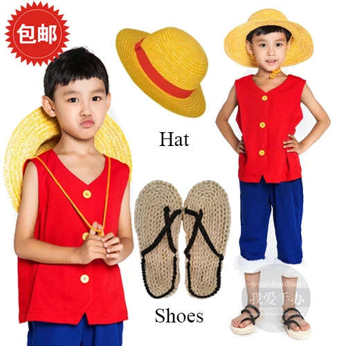 

Free Shipping Japanese Anime One Piece Luffy Cosplay Children Halloween Party Costume Tops+Pants+Hat+Shoes