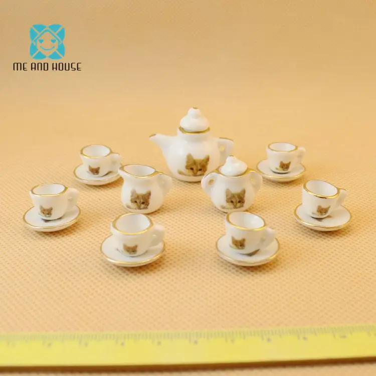 1:12 Кукольный дом миниатюрная фарфоровая посуда китайские чайные горшки Набор с принтом кота