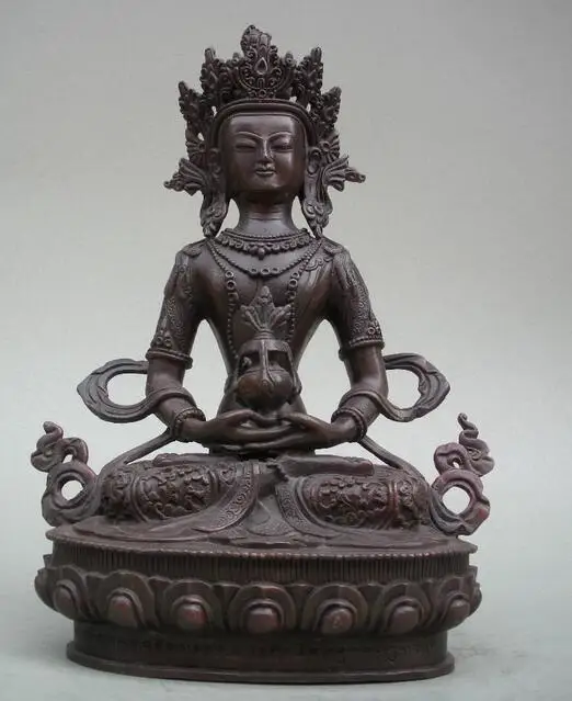 

Tibet language Fane Pure Bronze Refined carved Amitayus Buddha Kwan-yin Statue