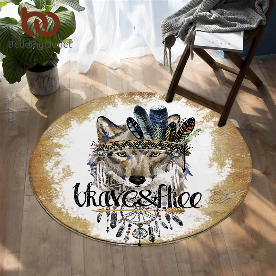 

BeddingOutlet Wolf Round Carpet Dreamcatcher Watercolor Floor Mat Native Tribal Animal Area Rugs For Bedroom 150cm Dropshipping