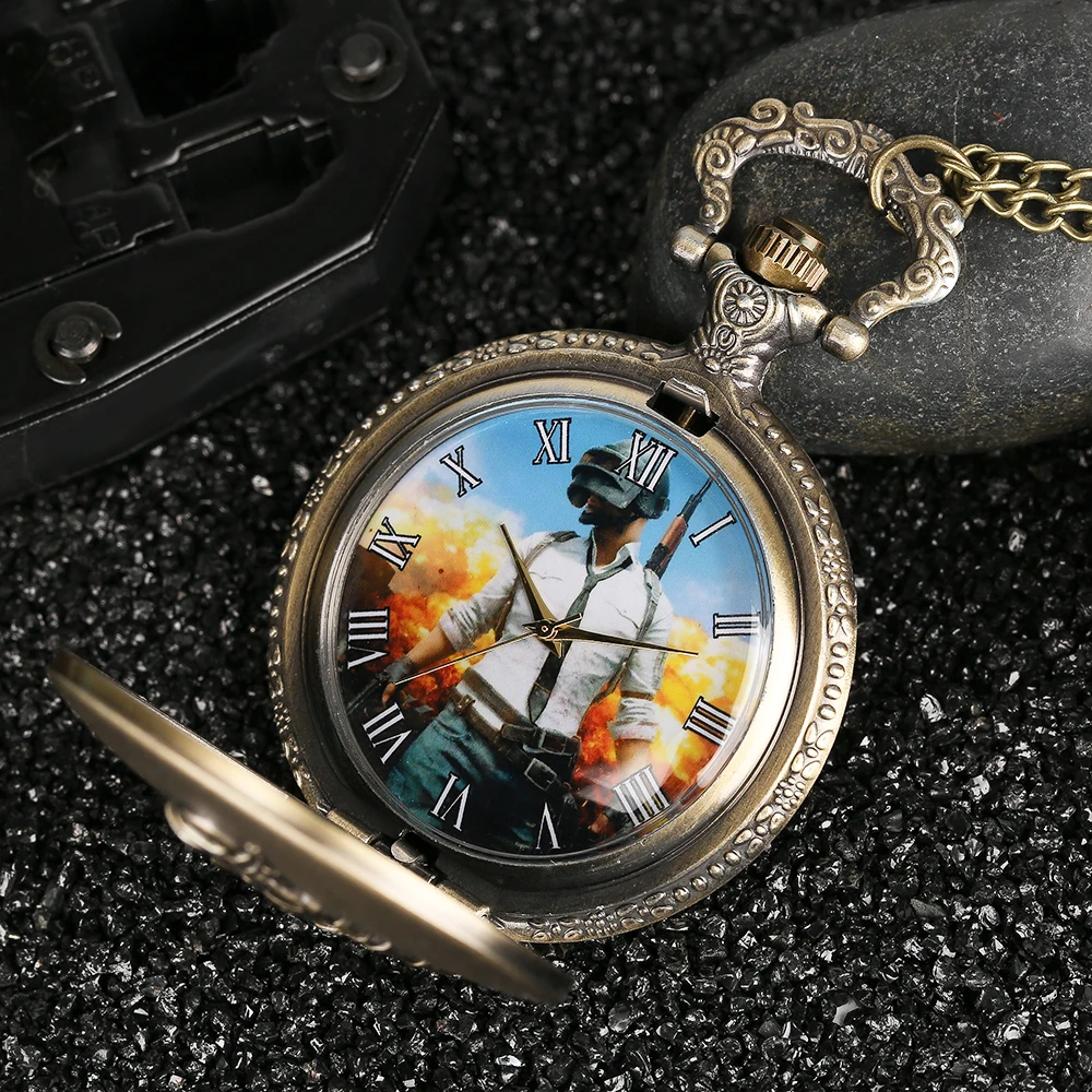 Бронзовая игра боевые земли игры карманные часы Полный Охотник Fob кварцевые часы в подарок Reloj де Bolsillo