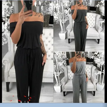 

2019 New Womens Lace Up Off The Shouder Short Sleeve Casual Long Pant Solid Color Jumpsuit
