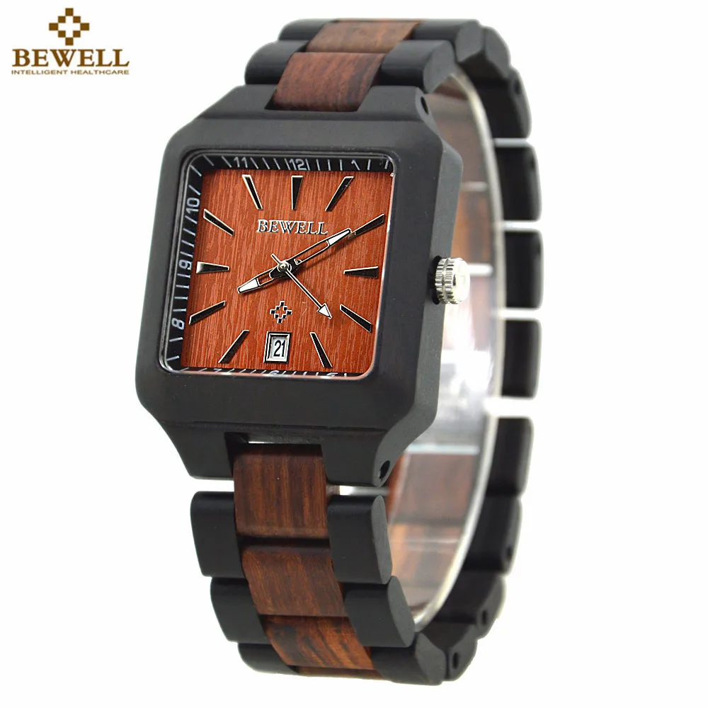 BEWELL Hand-made Watch for Men Wood Watch Box Date Quartz Casual Rectangle Wooden Case Watches Relogio Masculino Paper Box 110A