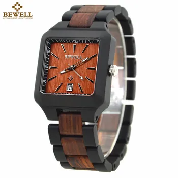 

BEWELL Hand-made Watch for Men Wood Watch Box Date Quartz Casual Rectangle Wooden Case Watches Relogio Masculino Paper Box 110A