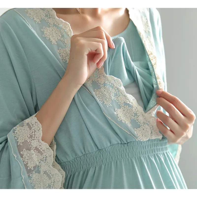 Cotton Maternity Pajamas Sets Adjustable Cardigan+Trousers Sleepwear V Collar Pregnant Women Nursing Clothing Lace Nightgown