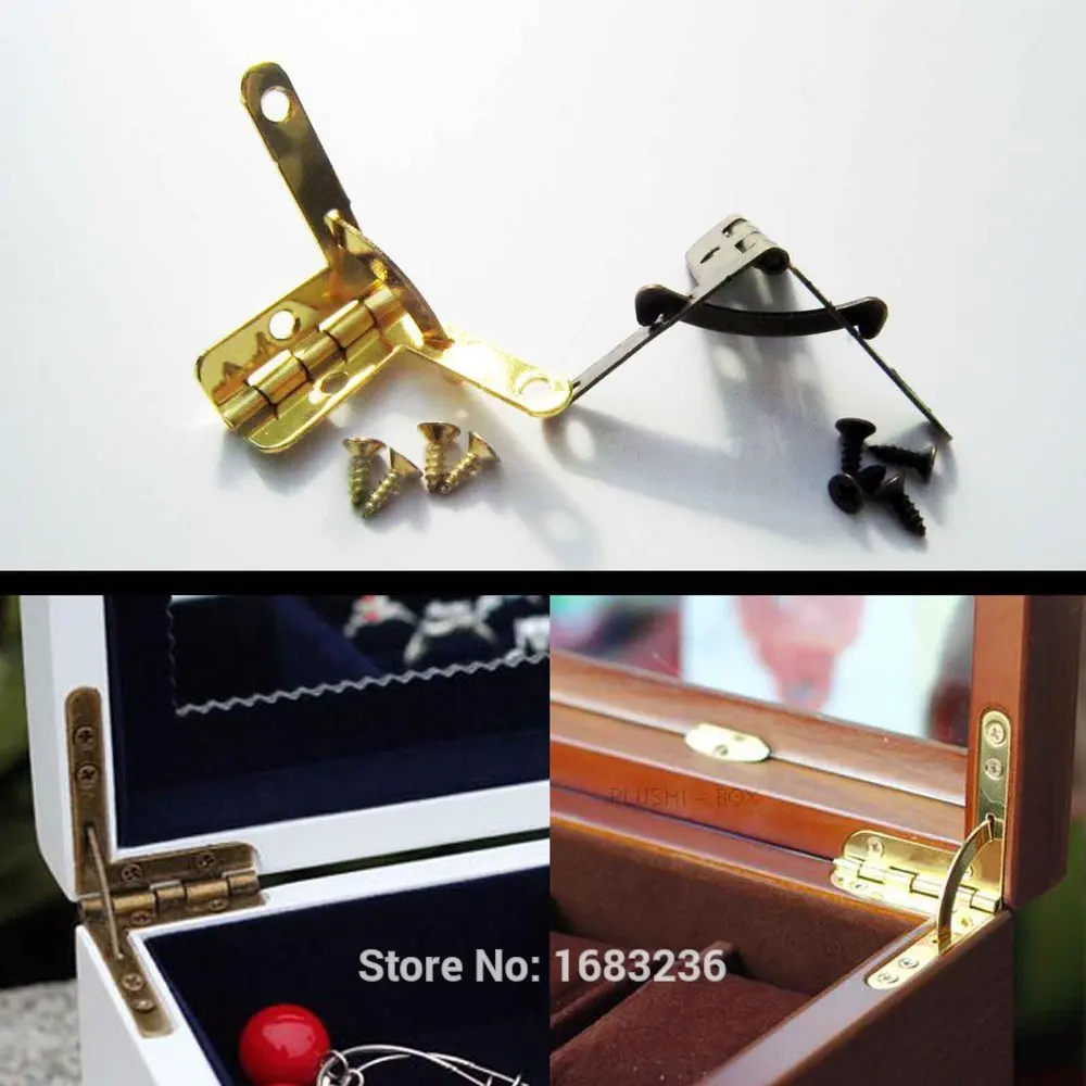 

12pcs Mini Golden Antique Brass Jewelry Display Chest Case Watch Makeup Box L 90 degree Support Spring Hinge