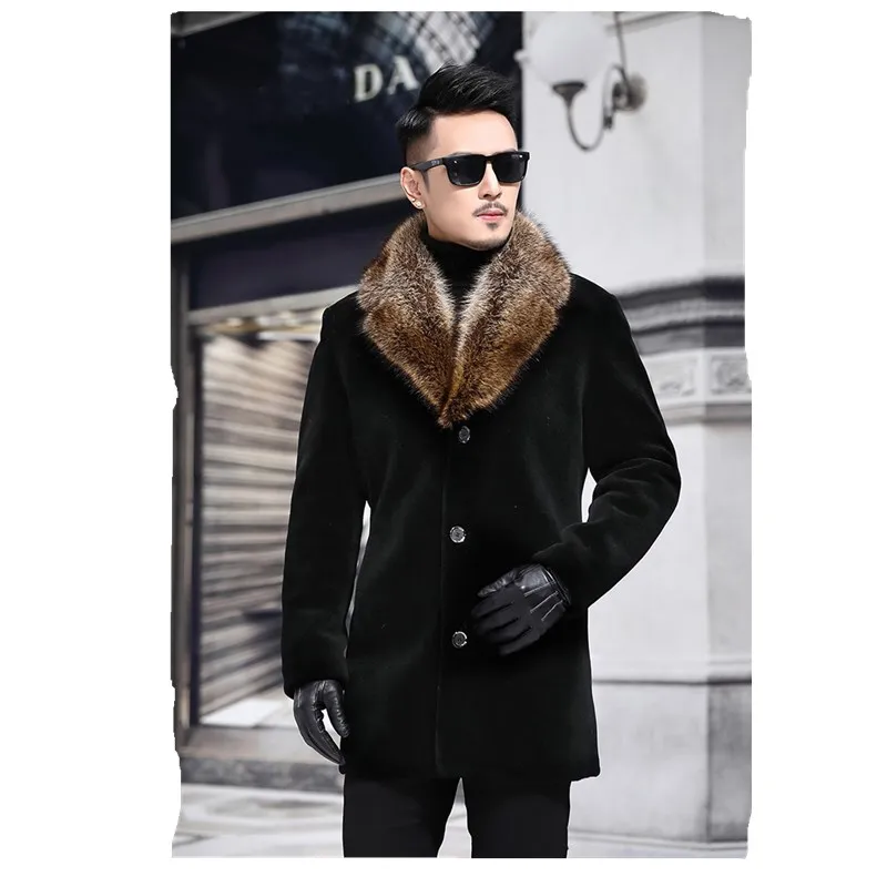 Мужское шерстяное пальто, осенне-зимнее пальто, Мужское пальто с искусственным меховым воротником, мужской зимний Тренч размера плюс M-5XL - Цвет: Черный