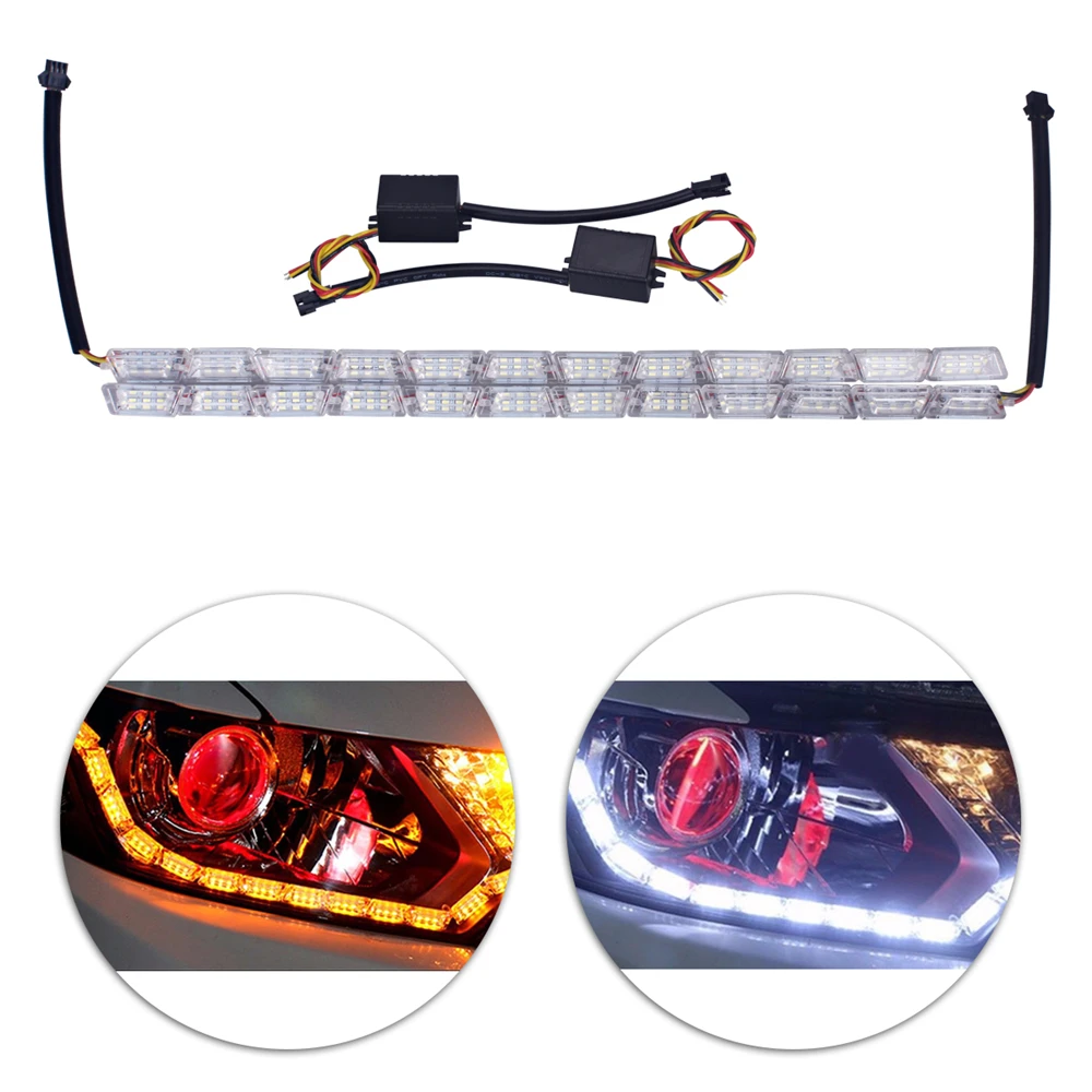

2pcs Universal 50cm Car Telescopic Daytime Running Lights Tube Strip 12 SMD LED Yellow White Turning Signal Lamp Parking Lamps