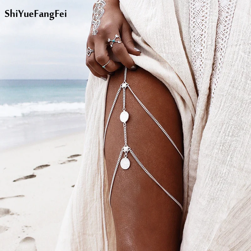 

Shiyuefangfei Retro Gothic Punk Exaggerated Sexy Street Street Chain Fringed Multi - Storey Coin Legs Chain Summer Beach Jewelry
