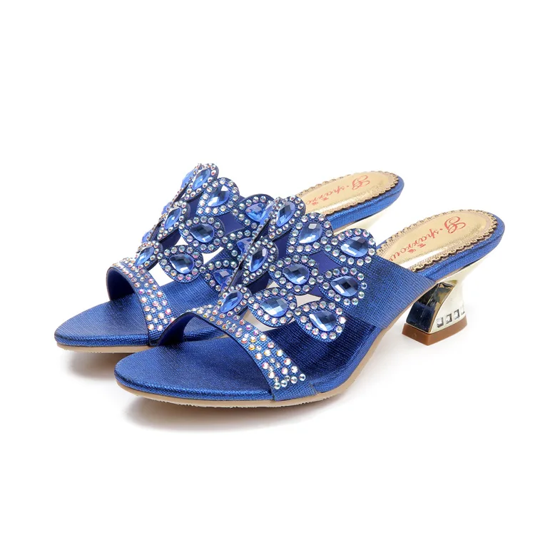 G-sparrow 2018 New Womens Bohemian Rhinestone Thick High Heeled Slippers High Quality Famous Brand Female Shoes Blue8