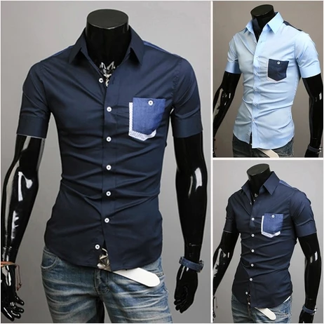 Summer 2015 new men's jeans lattice set color mosaic leisure shirt |