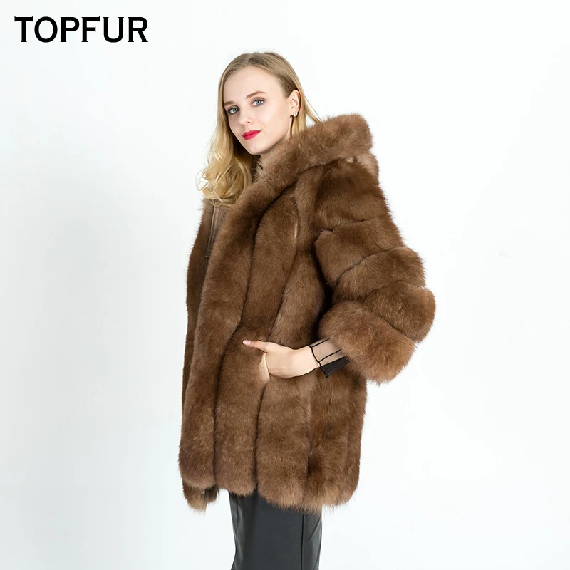 

TOPFUR 2019 Fashion Real Fur Female Coat For Women Fox Fur Hood Thick Warm Real Fox Fur Women Basic Jackets Full Pelt Outwear