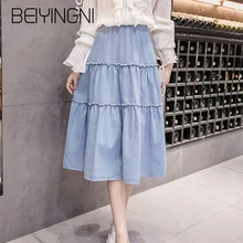 Beiyingni клетчатые женские юбки летние резинка на талии негабаритных лоскутных джинсов Юбка Повседневная Корейская однотонная джинсовая миди Saia