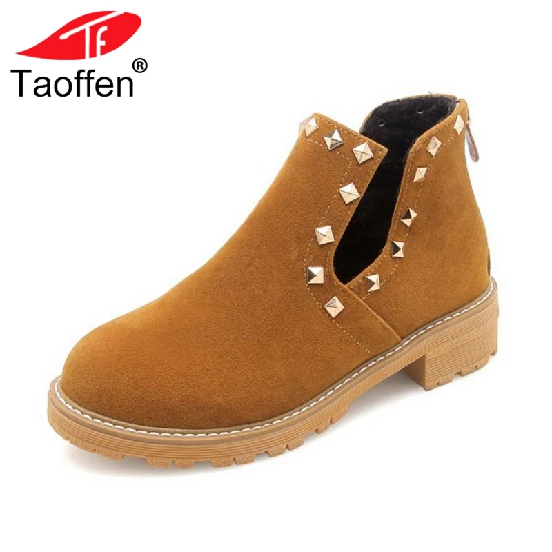 

Taoffen 4 Colors Size 34-43 Ladies Ankle Boots Winter Fur Rivets Zipper Shoes Woman Vintage Flats Boots Ladies Footwear Autumn