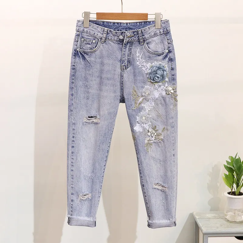 LUOSHA, женская летняя футболка, 2 шт., стильная вышивка, 3D цветок, короткий рукав, футболка+ тяжелая работа, джинсовый костюм с дырками