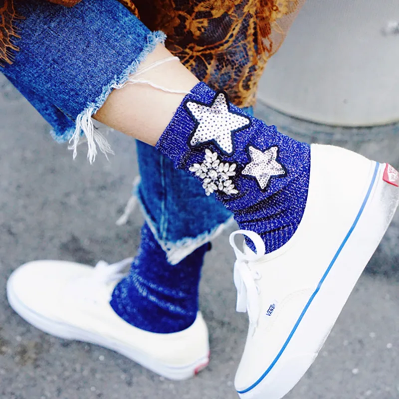 Женские блестящие носки Sox Sokken модные серебристые со стразами в Корейском стиле