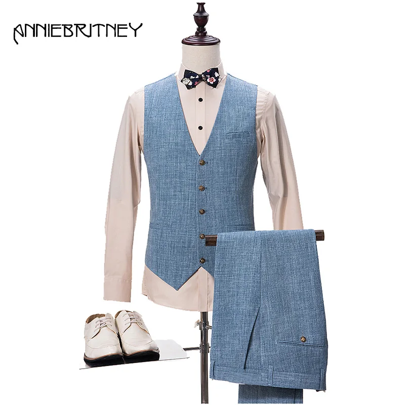 2018 New Brand Blue Linen Suit Men Slim Fit Wedding Suits for Men Summer Beach Groom Blazer Style Gentle 3 Piece Terno Masculino